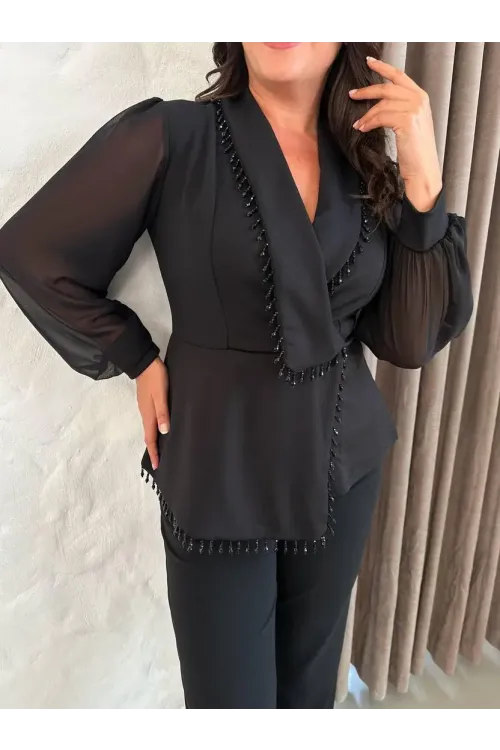 Kadın Siyah Büyük Beden Taş İşlemeli Şifon Kol Alt Üst Abiye Takım HZL26S-PR10151