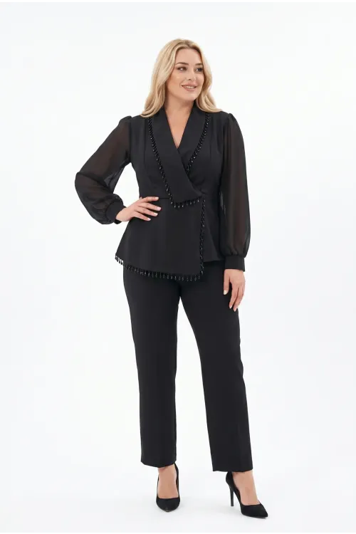 Kadın Siyah Büyük Beden Taş İşlemeli Şifon Kol Alt Üst Abiye Takım HZL26S-PR10151
