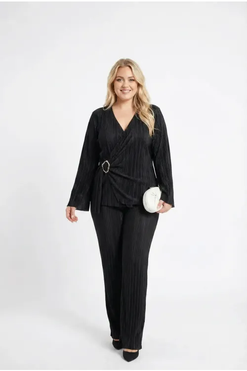 Kadın Siyah Büyük Beden Toka Detaylı Pliseli Alt Üst Abiye Takım HZL26W-PR10101