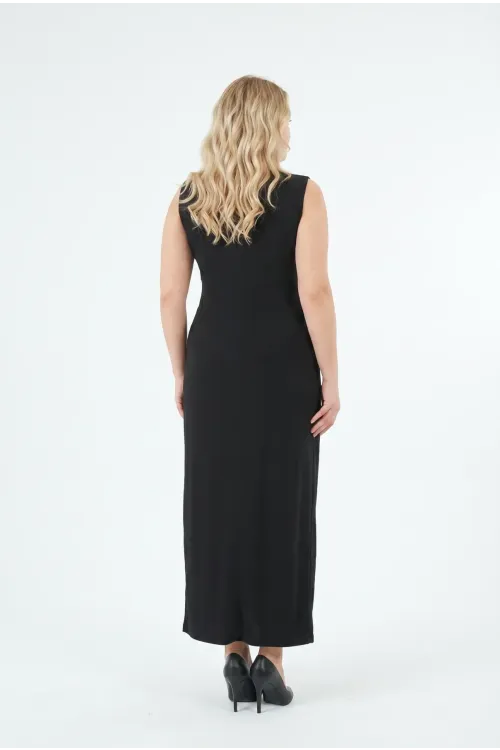 Kadın Siyah Gümüş Simli Büyük Beden Kruvaze Yaka Yırtmaç Detay Abiye Elbise HZL26W-PR10041