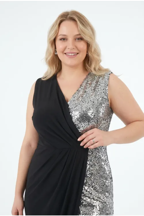 Kadın Siyah Gümüş Simli Büyük Beden Kruvaze Yaka Yırtmaç Detay Abiye Elbise HZL26W-PR10041