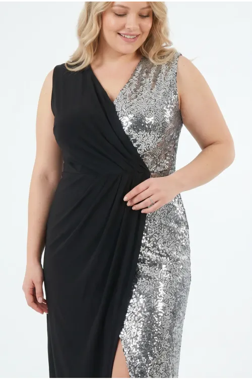 Kadın Siyah Gümüş Simli Büyük Beden Kruvaze Yaka Yırtmaç Detay Abiye Elbise HZL26W-PR10041