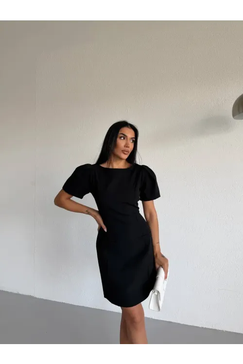 Kadın Siyah Kayık Yaka Fileto Cep Kısa Kollu Mini Elbise HZL26S-FRY123891