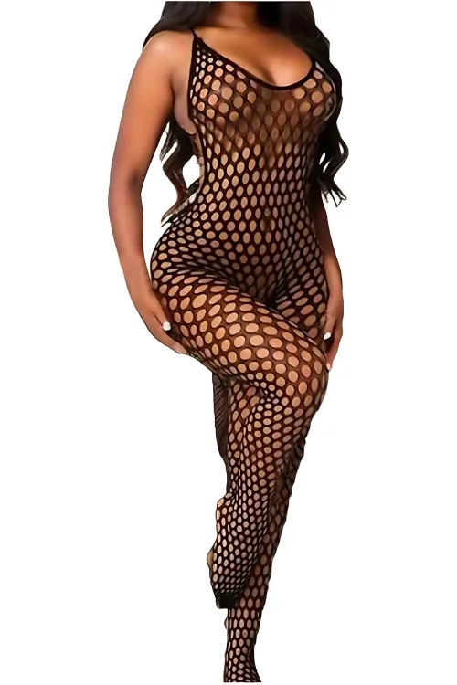 Kadın Siyah Sırtı Açık Tek Parça Fileli Babydoll Tulum HZL26S-LC111