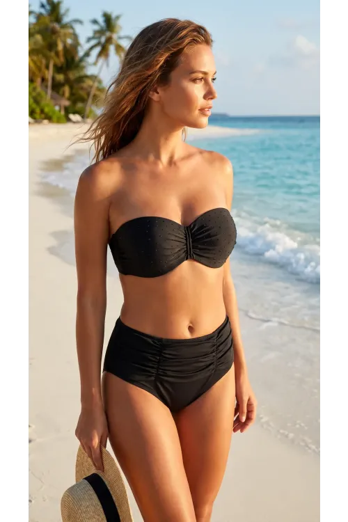 Kadın Siyah Taş İşlemeli Astarlı Büyük Beden Bikini Takımı HZL25S-LC02