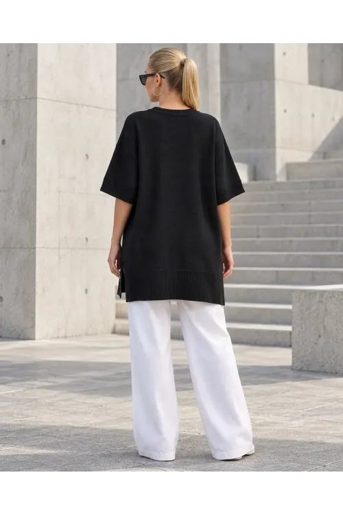 Kadın Siyah Oversize Yandan Yırtmaçlı Uzun Yumuşak Dokulu Triko Kazak HZL28W-WM3390