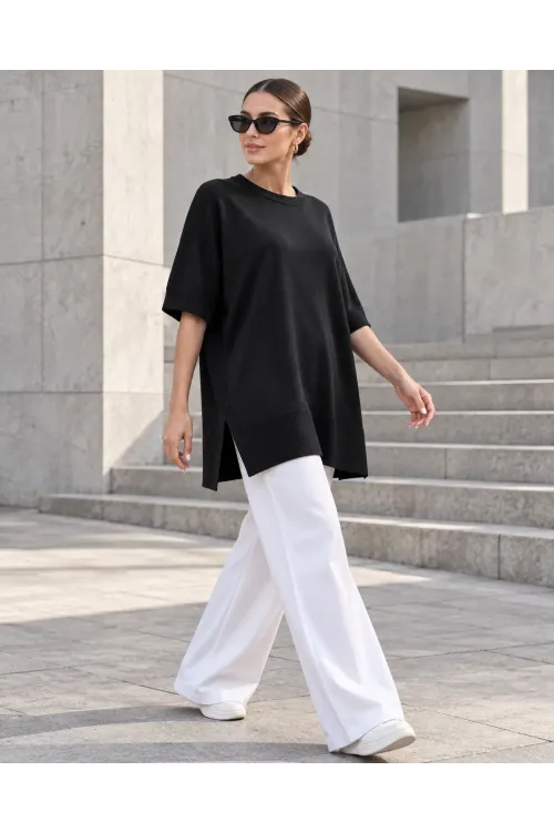 Kadın Siyah Oversize Yandan Yırtmaçlı Uzun Yumuşak Dokulu Triko Kazak HZL28W-WM3390