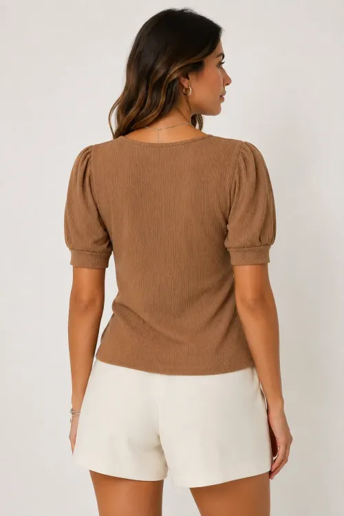 Kadın Sütlü Kahve Kare Yaka Örme Bluz HZL22W-BD104091