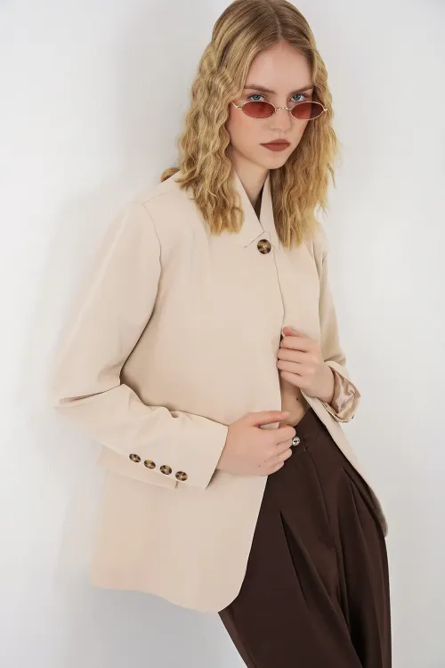 Kadın Tek Düğmeli Oversize Blazer Ceket 0749 - Bej