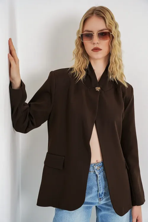Kadın Tek Düğmeli Oversize Blazer Ceket 0749 - Kahverengi