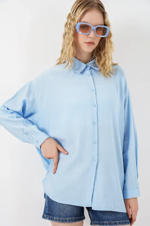 Kadın Uzun Oversize Gömlek 20334 - Mavi