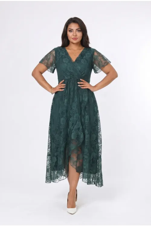 Kadın Yeşil Büyük Beden V Yaka Astarlı Dantel Detaylı Şık Abiye Elbise HZL26S-PR11071