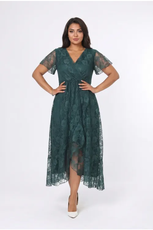 Kadın Yeşil Büyük Beden V Yaka Astarlı Dantel Detaylı Şık Abiye Elbise HZL26S-PR11071