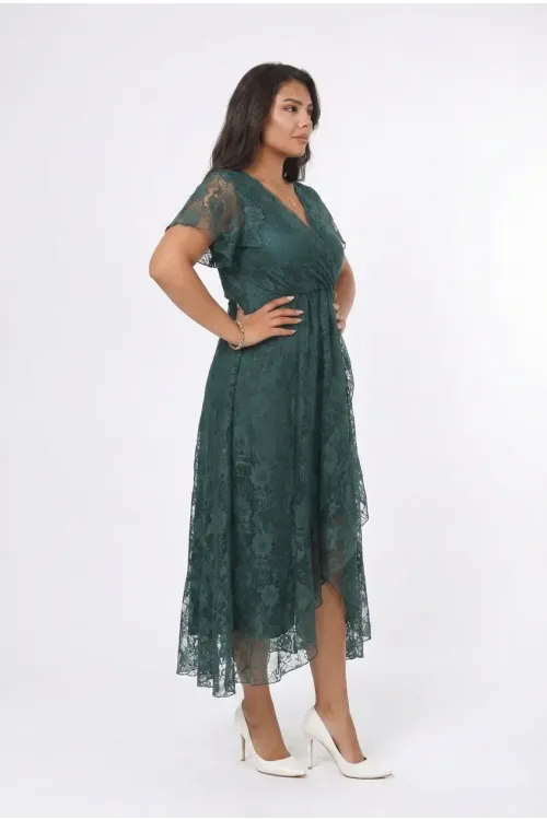 Kadın Yeşil Büyük Beden V Yaka Astarlı Dantel Detaylı Şık Abiye Elbise HZL26S-PR11071