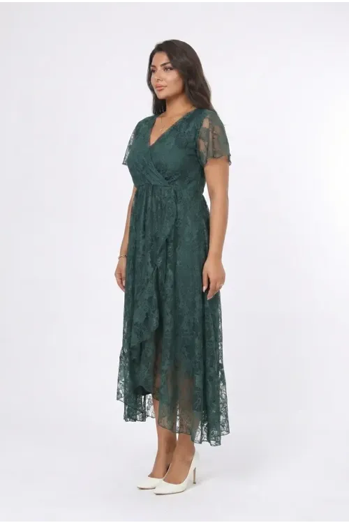 Kadın Yeşil Büyük Beden V Yaka Astarlı Dantel Detaylı Şık Abiye Elbise HZL26S-PR11071