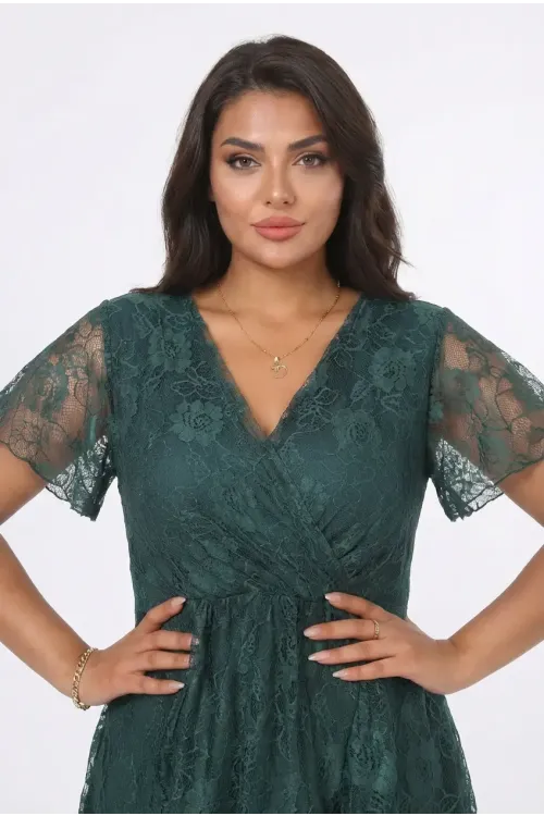 Kadın Yeşil Büyük Beden V Yaka Astarlı Dantel Detaylı Şık Abiye Elbise HZL26S-PR11071