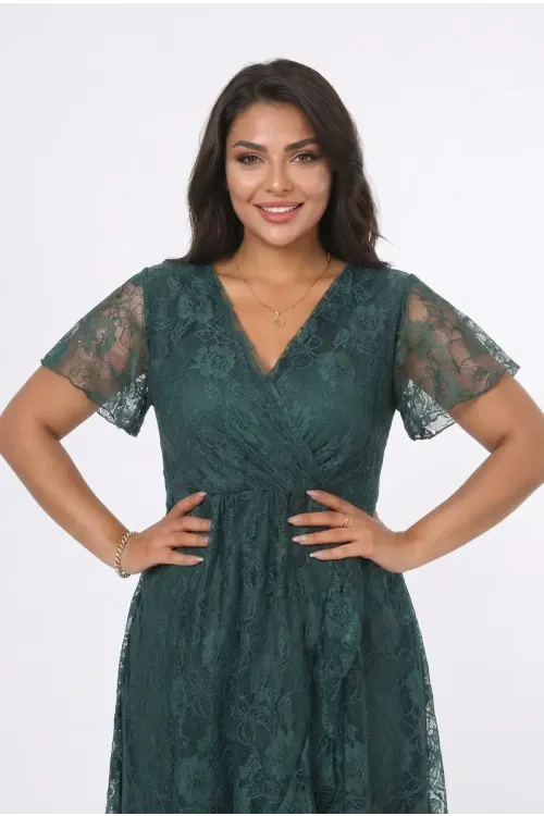 Kadın Yeşil Büyük Beden V Yaka Astarlı Dantel Detaylı Şık Abiye Elbise HZL26S-PR11071