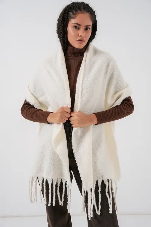 Kadın Yumuşak Dokulu Kalın Şal Atkı 15951 - Ekru