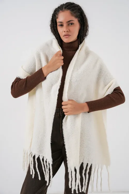 Kadın Yumuşak Dokulu Kalın Şal Atkı 15951 - Ekru