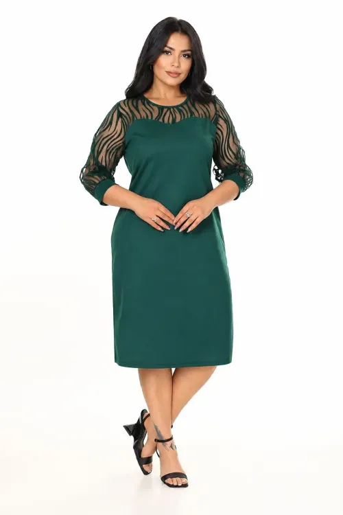 Kadın Zümrüt Yeşil Büyük Beden Flok Kol Elbise HZL26S-PR11161