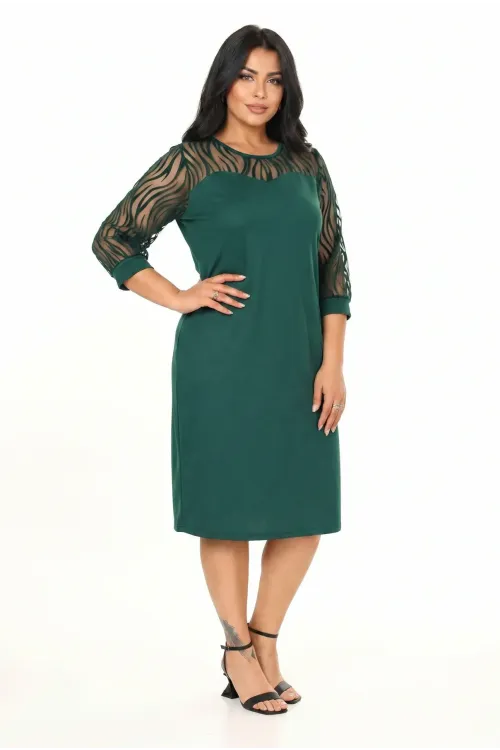 Kadın Zümrüt Yeşil Büyük Beden Flok Kol Elbise HZL26S-PR11161