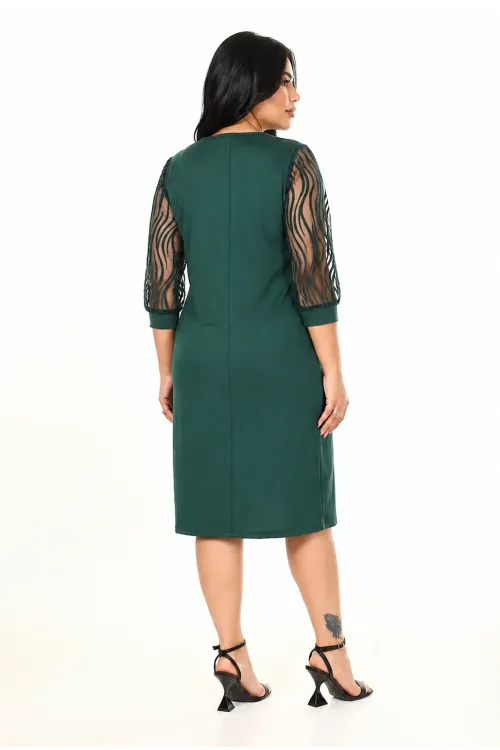 Kadın Zümrüt Yeşil Büyük Beden Flok Kol Elbise HZL26S-PR11161