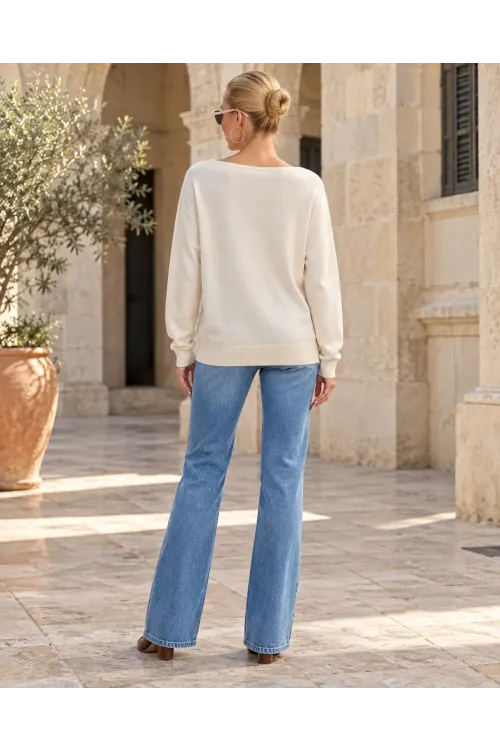 Kadın Bej Oversize Yıldız Desenli Uzun Yumuşak Dokulu Kazak HZL28W-WM3301