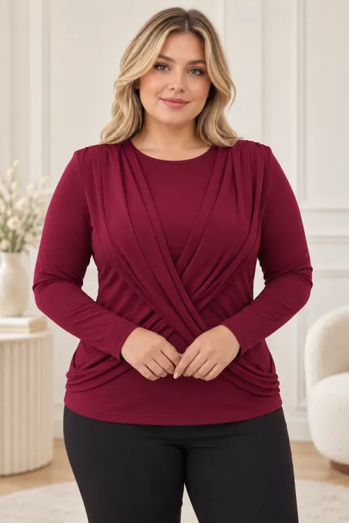 Kadın Bordo Bisiklet Yaka Çapraz Drape Detaylı Uzun Kollu Bluz HZL28W-ZSS1150