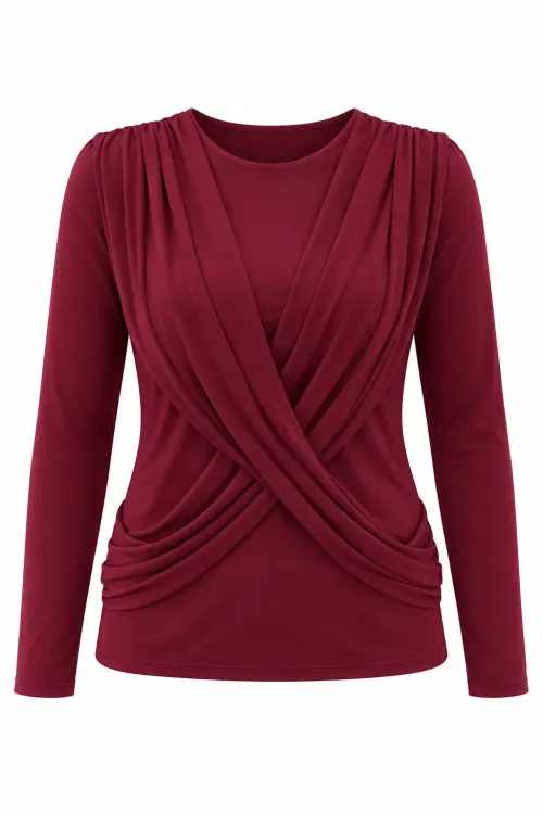 Kadın Bordo Bisiklet Yaka Çapraz Drape Detaylı Uzun Kollu Bluz HZL28W-ZSS1150