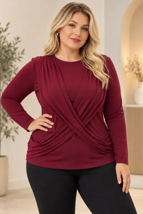 Kadın Bordo Bisiklet Yaka Çapraz Drape Detaylı Uzun Kollu Bluz HZL28W-ZSS1150