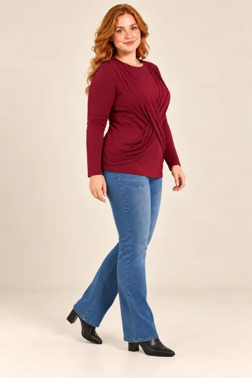 Kadın Bordo Büyük Beden Bisiklet Yaka Çapraz Drape Detaylı Uzun Kollu Bluz HZL28W-ZSS1150