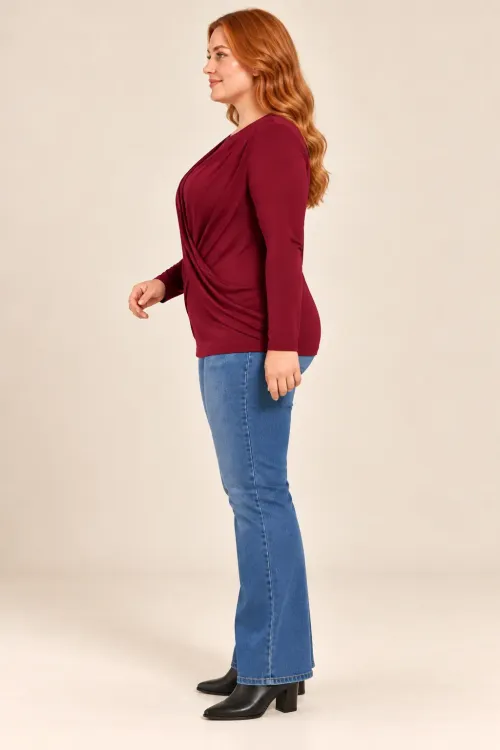 Kadın Bordo Büyük Beden Bisiklet Yaka Çapraz Drape Detaylı Uzun Kollu Bluz HZL28W-ZSS1150