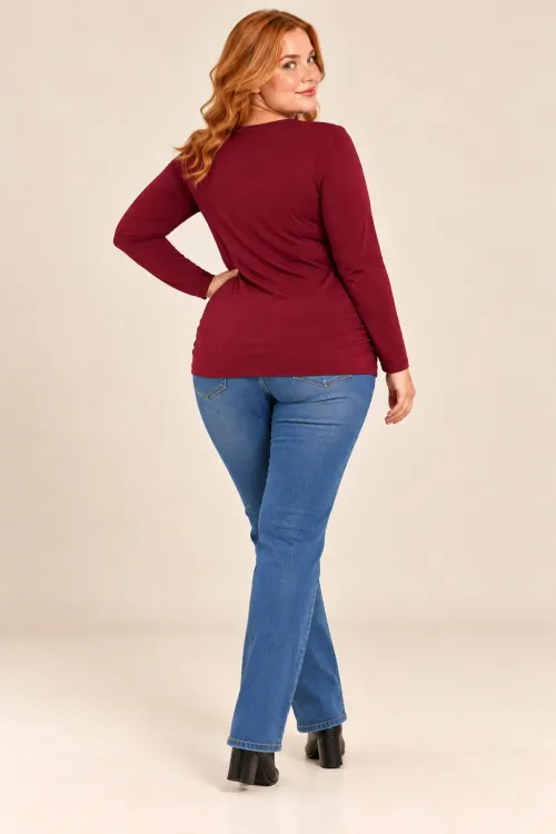 Kadın Bordo Büyük Beden Bisiklet Yaka Çapraz Drape Detaylı Uzun Kollu Bluz HZL28W-ZSS1150