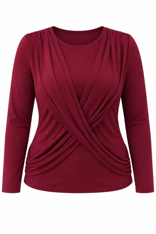Kadın Bordo Büyük Beden Bisiklet Yaka Çapraz Drape Detaylı Uzun Kollu Bluz HZL28W-ZSS1150