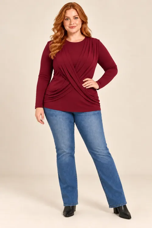 Kadın Bordo Büyük Beden Bisiklet Yaka Çapraz Drape Detaylı Uzun Kollu Bluz HZL28W-ZSS1150