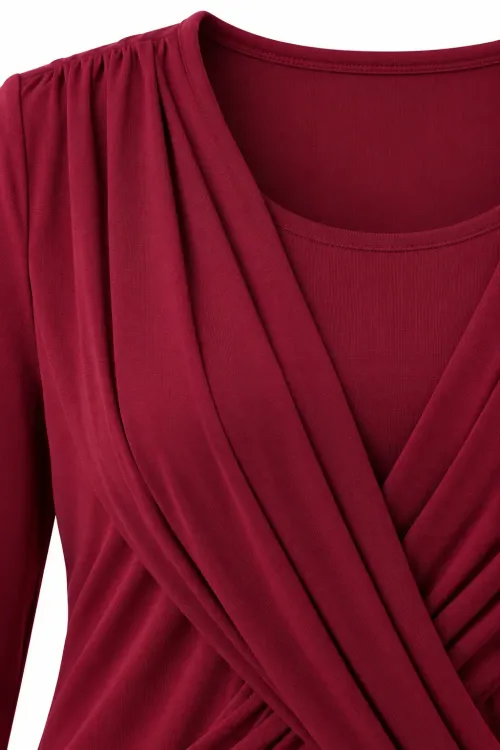 Kadın Bordo Büyük Beden Bisiklet Yaka Çapraz Drape Detaylı Uzun Kollu Bluz HZL28W-ZSS1150