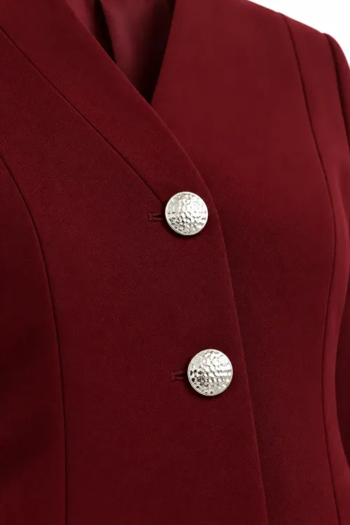 Kadın Bordo Büyük Beden V Yaka Gümüş Düğme Detaylı Ceket Pantolon İkili Takım HZL26S-HZL2601