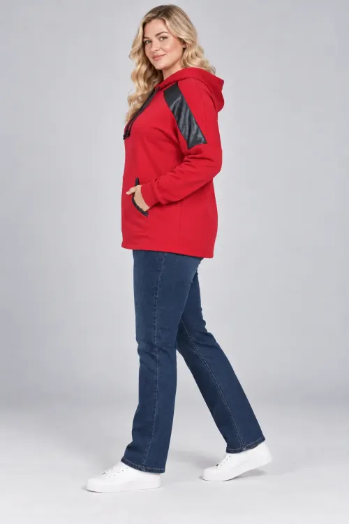 Kadın Büyük Beden Kırmızı Kapüşonlu Kontrast Garnili Kanguru Cepli Sweatshirt HZL28S-RZB208