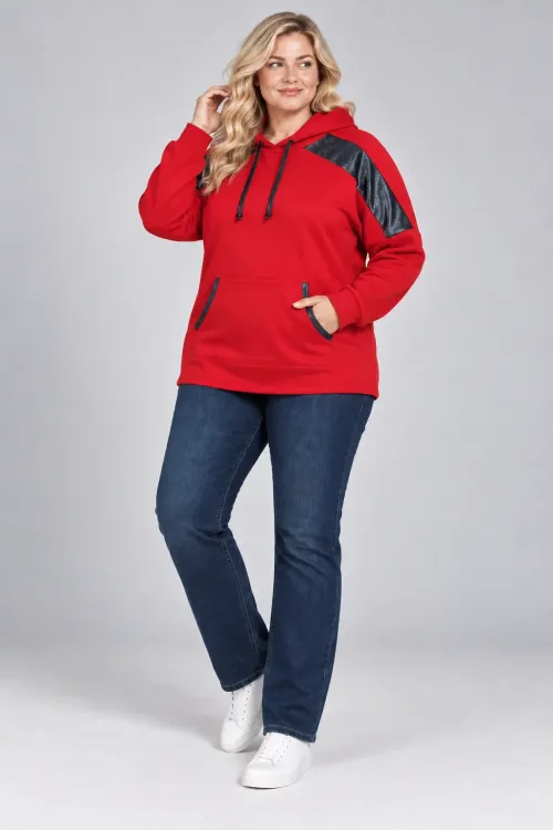 Kadın Büyük Beden Kırmızı Kapüşonlu Kontrast Garnili Kanguru Cepli Sweatshirt HZL28S-RZB208
