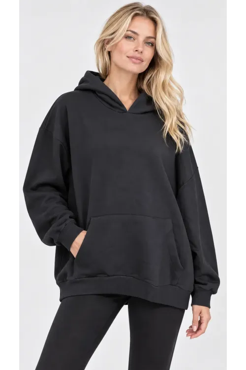 Kadın Büyük Beden Siyah Kapüşonlu Kanguru Cepli Oversize Sweatshirt HZL28S-RZB210