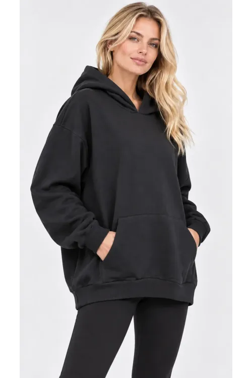Kadın Büyük Beden Siyah Kapüşonlu Kanguru Cepli Oversize Sweatshirt HZL28S-RZB210