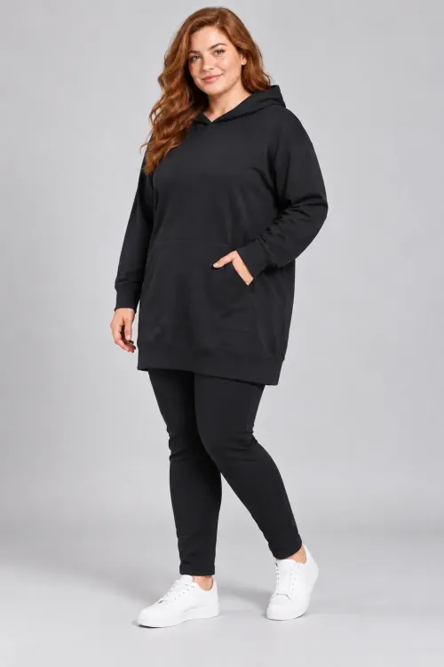 Kadın Büyük Beden Siyah Kapüşonlu Kanguru Cepli Uzun Sweatshirt HZL28S-RZB209