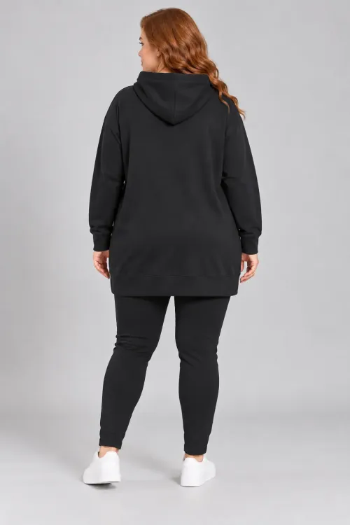 Kadın Büyük Beden Siyah Kapüşonlu Kanguru Cepli Uzun Sweatshirt HZL28S-RZB209