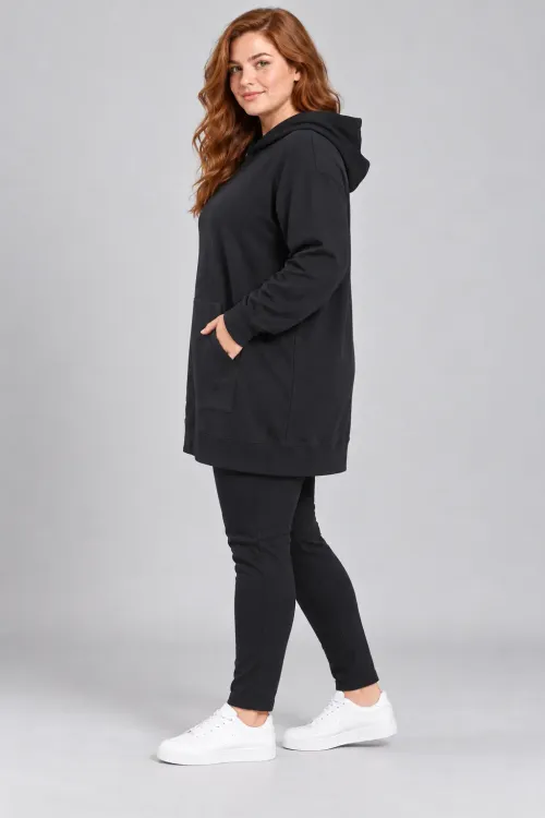 Kadın Büyük Beden Siyah Kapüşonlu Kanguru Cepli Uzun Sweatshirt HZL28S-RZB209