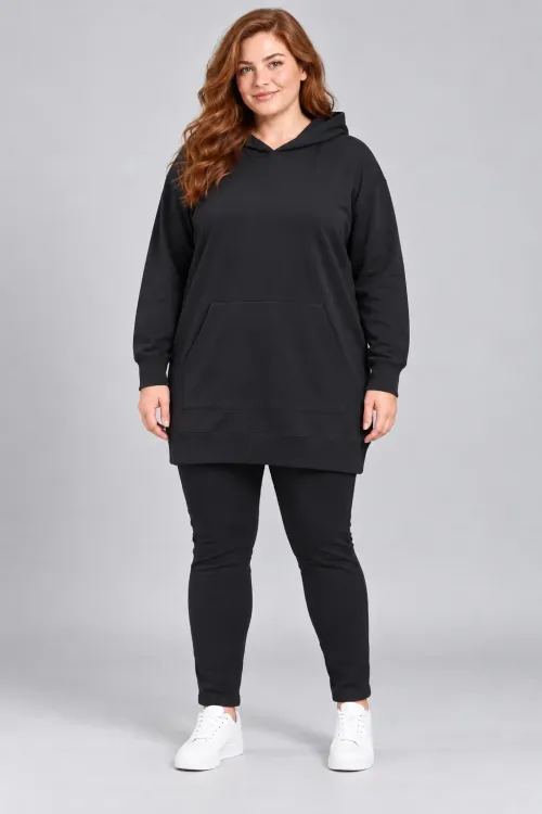 Kadın Büyük Beden Siyah Kapüşonlu Kanguru Cepli Uzun Sweatshirt HZL28S-RZB209