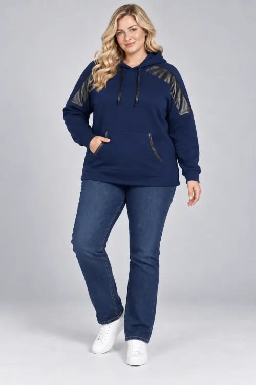 Kadın Büyük Beden Siyah Kapüşonlu Kontrast Garnili Kanguru Cepli Sweatshirt HZL28S-RZB208