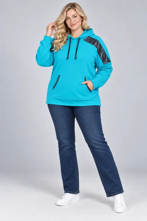 Kadın Büyük Beden Turkuaz Kapüşonlu Kontrast Garnili Kanguru Cepli Sweatshirt HZL28S-RZB208