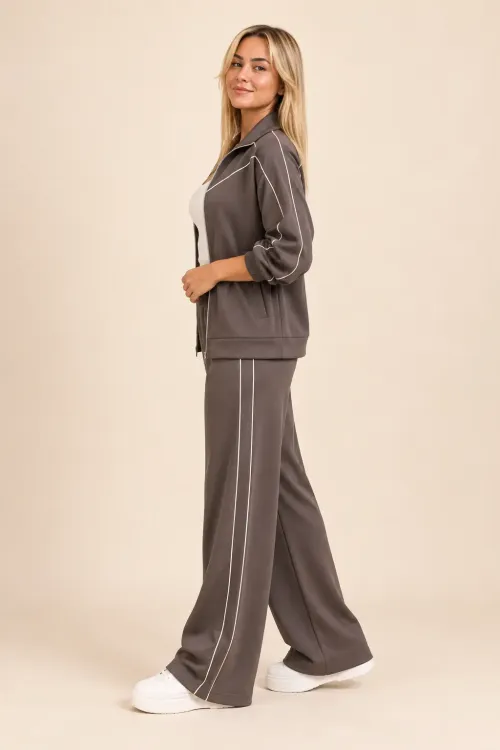 Kadın Kahve Şerit Detaylı Fermuarlı Oysho Ceket Bol Paça Pantolon İkili Takım HZL28W-WM568
