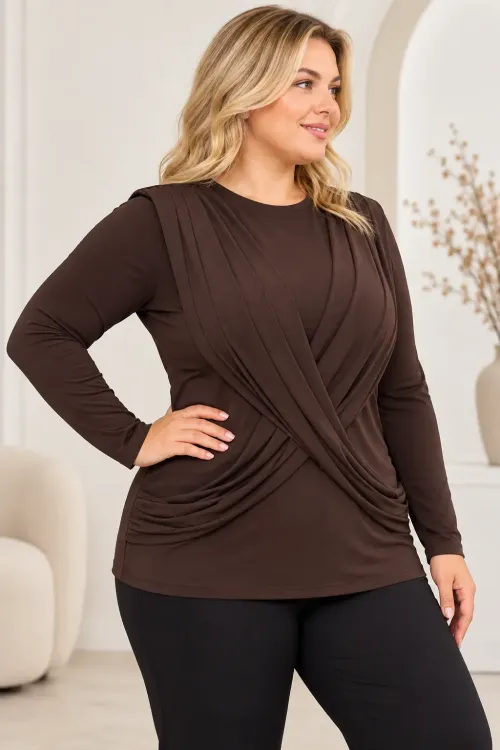 Kadın Kahverengi Bisiklet Yaka Çapraz Drape Detaylı Uzun Kollu Bluz HZL28W-ZSS1150
