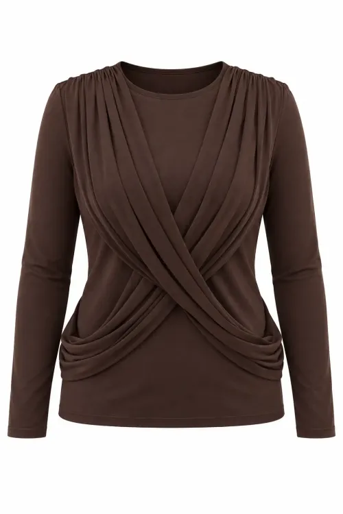 Kadın Kahverengi Bisiklet Yaka Çapraz Drape Detaylı Uzun Kollu Bluz HZL28W-ZSS1150